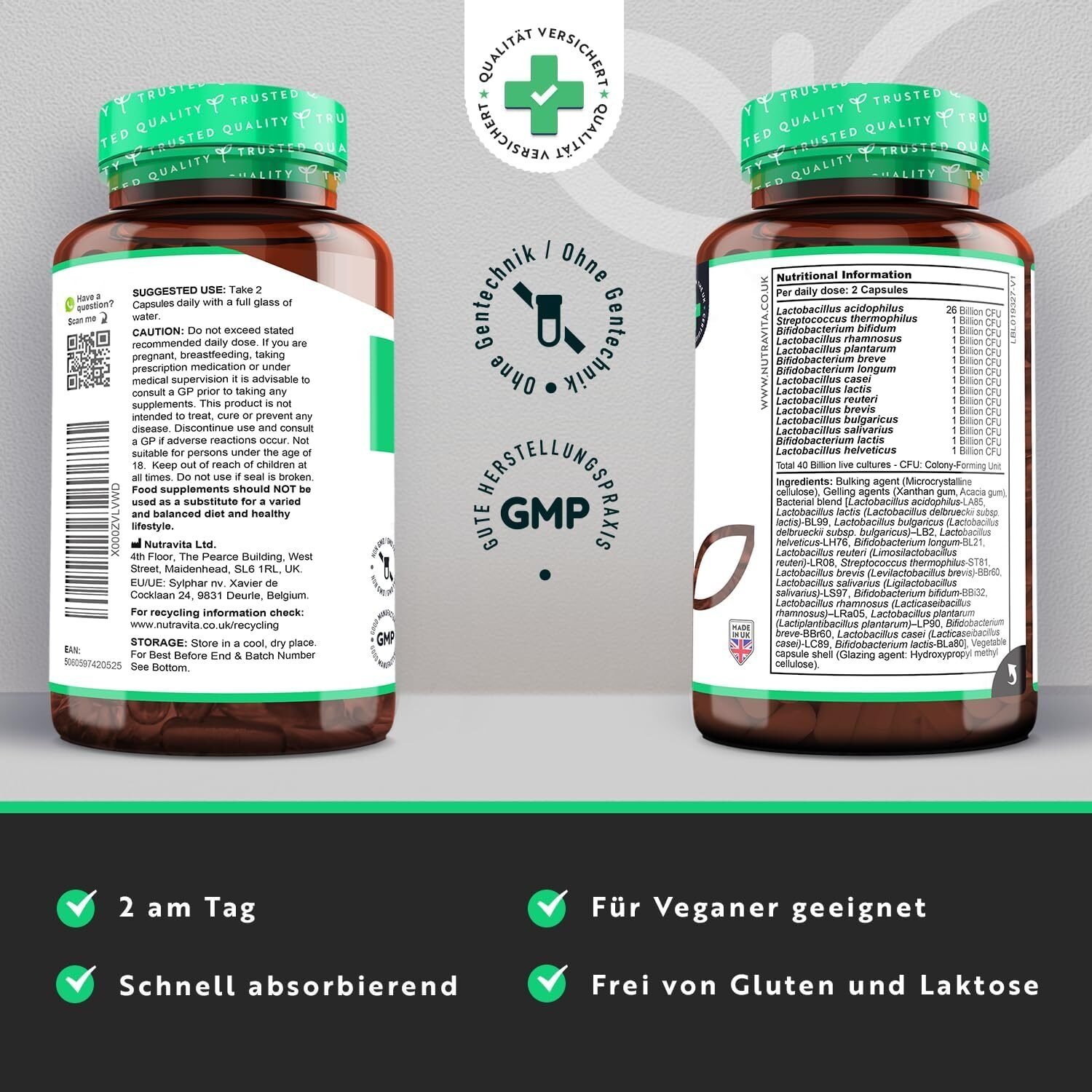 Bio Cultures Komplex 60 Kapseln – 40 Mrd. KBE Pro Tagesdosis – 15 Bakterienstämme – Veganes Probiotikum – Nutravita