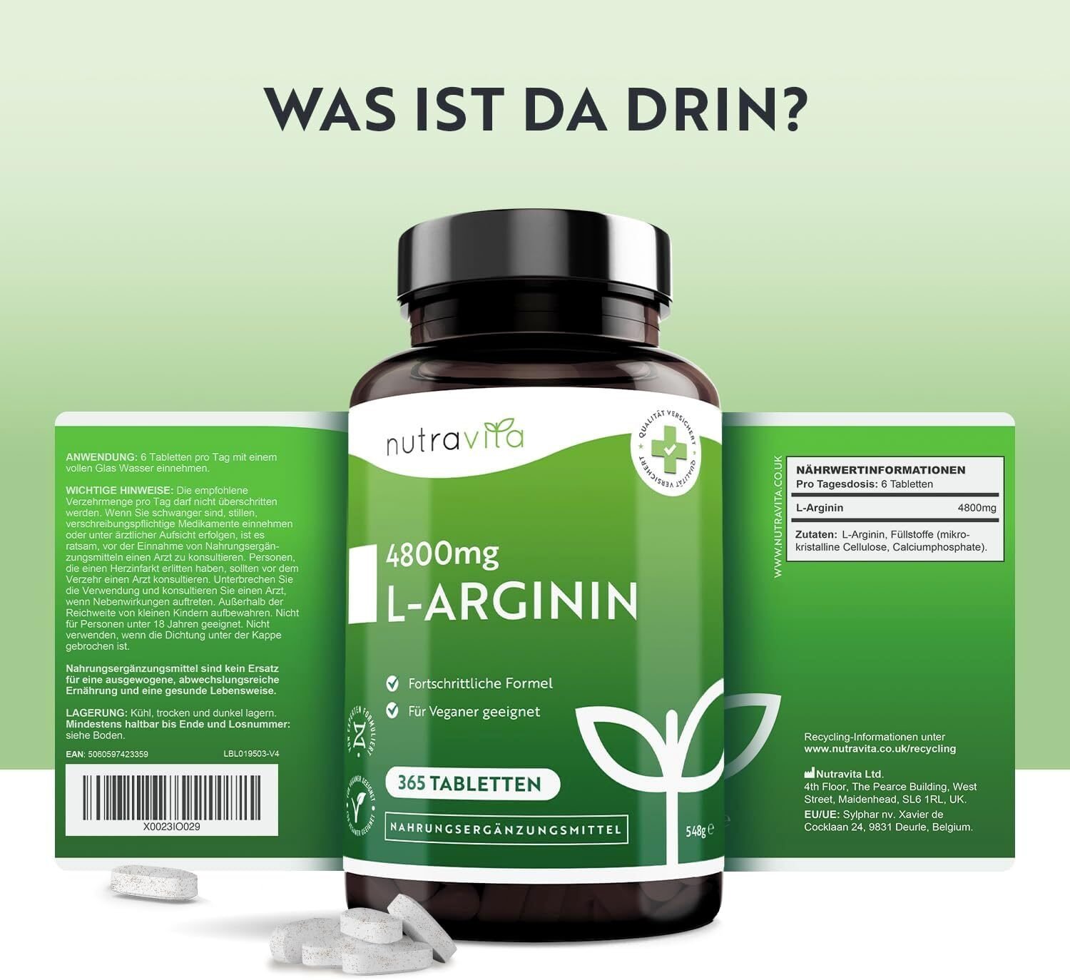 L-Arginin 4800mg Tabletten – Hochdosierte L-Arginin Tabletten aus Fermentation – 365 Tabletten für 2 Monate – Nutravita