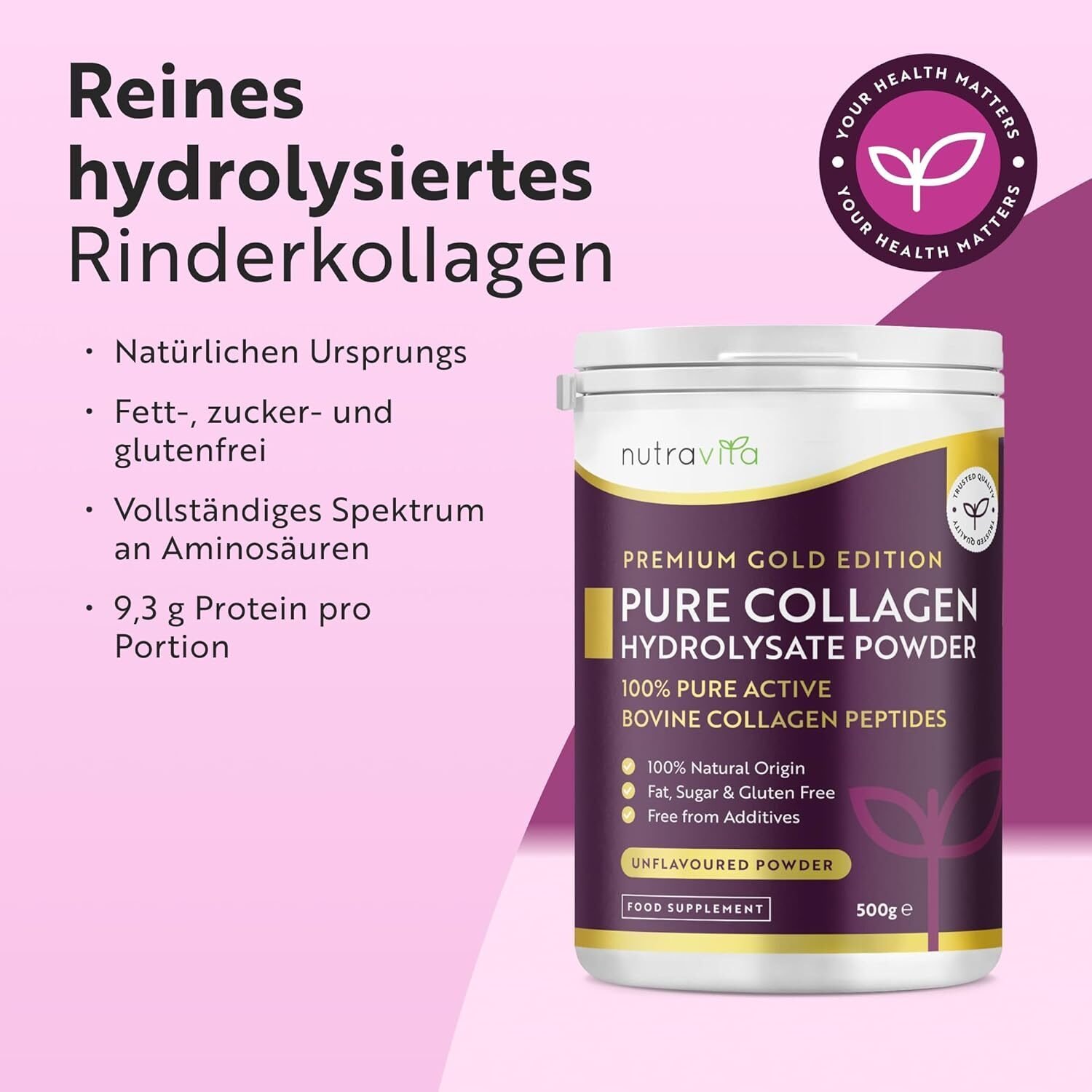 Kollagen Pulver 500g – Hochdosiertes bioaktives Kollagen Hydrolysat – 50 Portionen – Nutravita