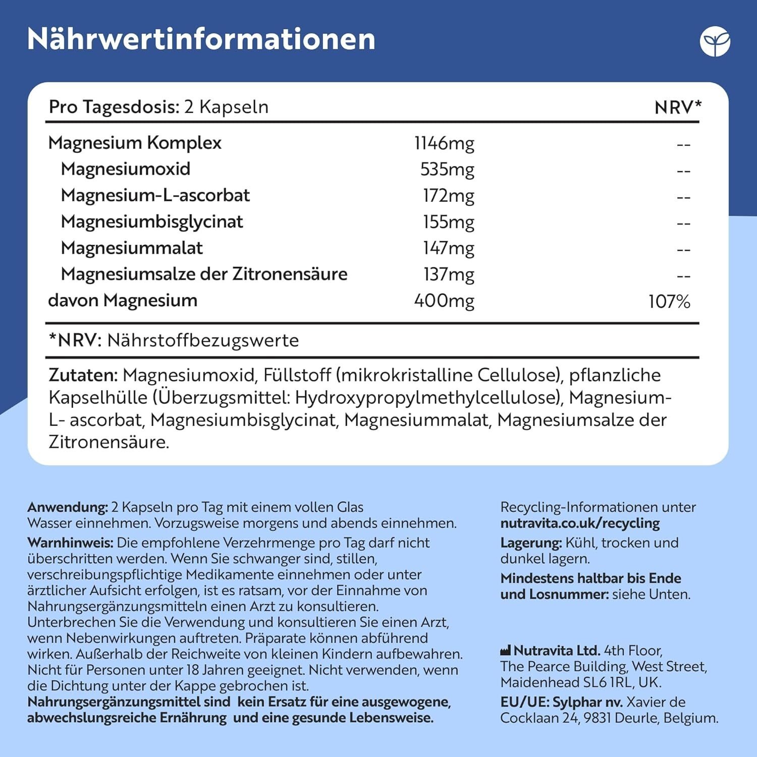 Magnesium Komplex 240 Kapseln – Hochdosiert – Mit Magnesiumcitrat & Bisglycinat – 4 Monatsvorrat – Nutravita