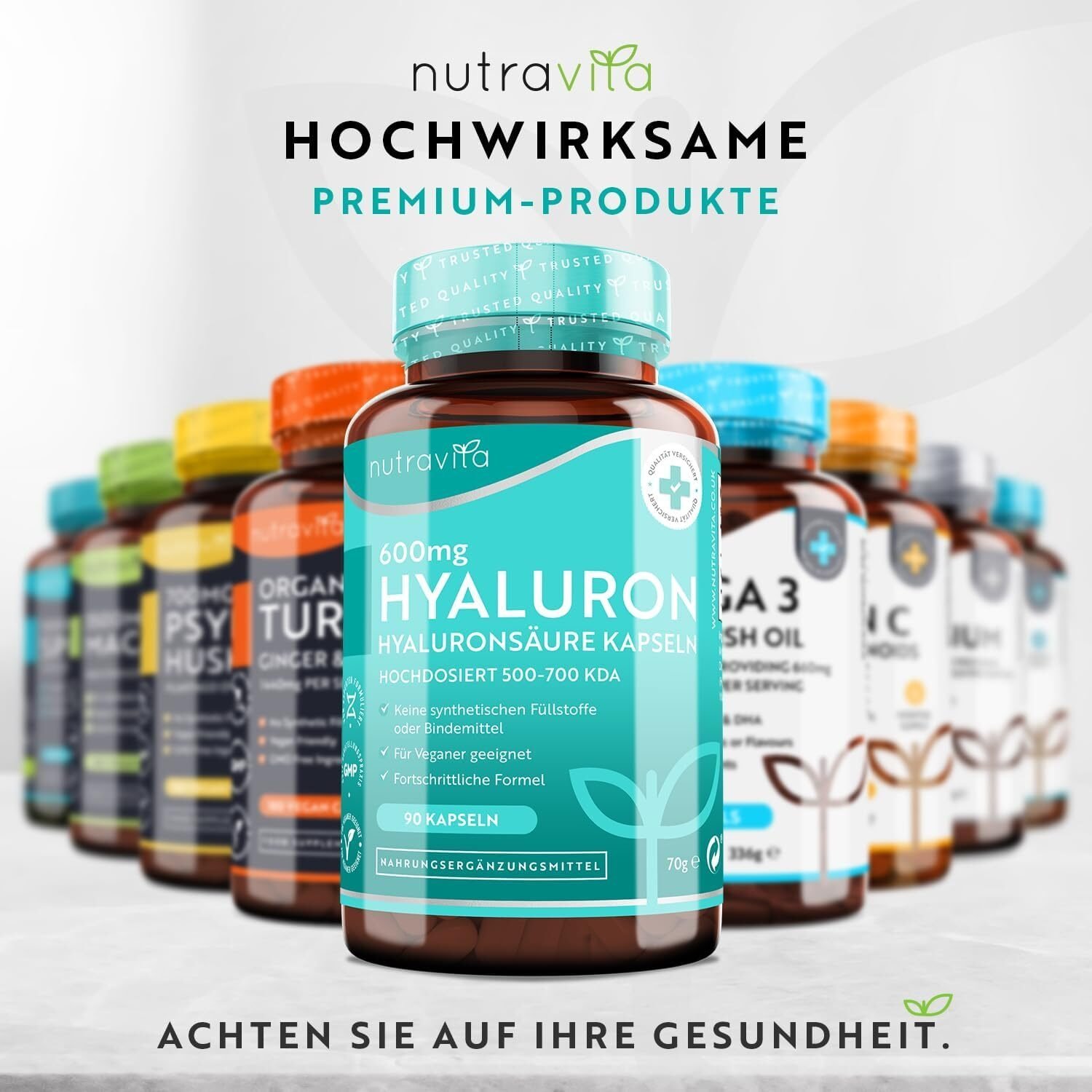 Hyaluronsäure Kapseln 90 Kapseln – 600 mg Hochdosiert – 500–700 kDa – 3 Monatsvorrat – Nutravita