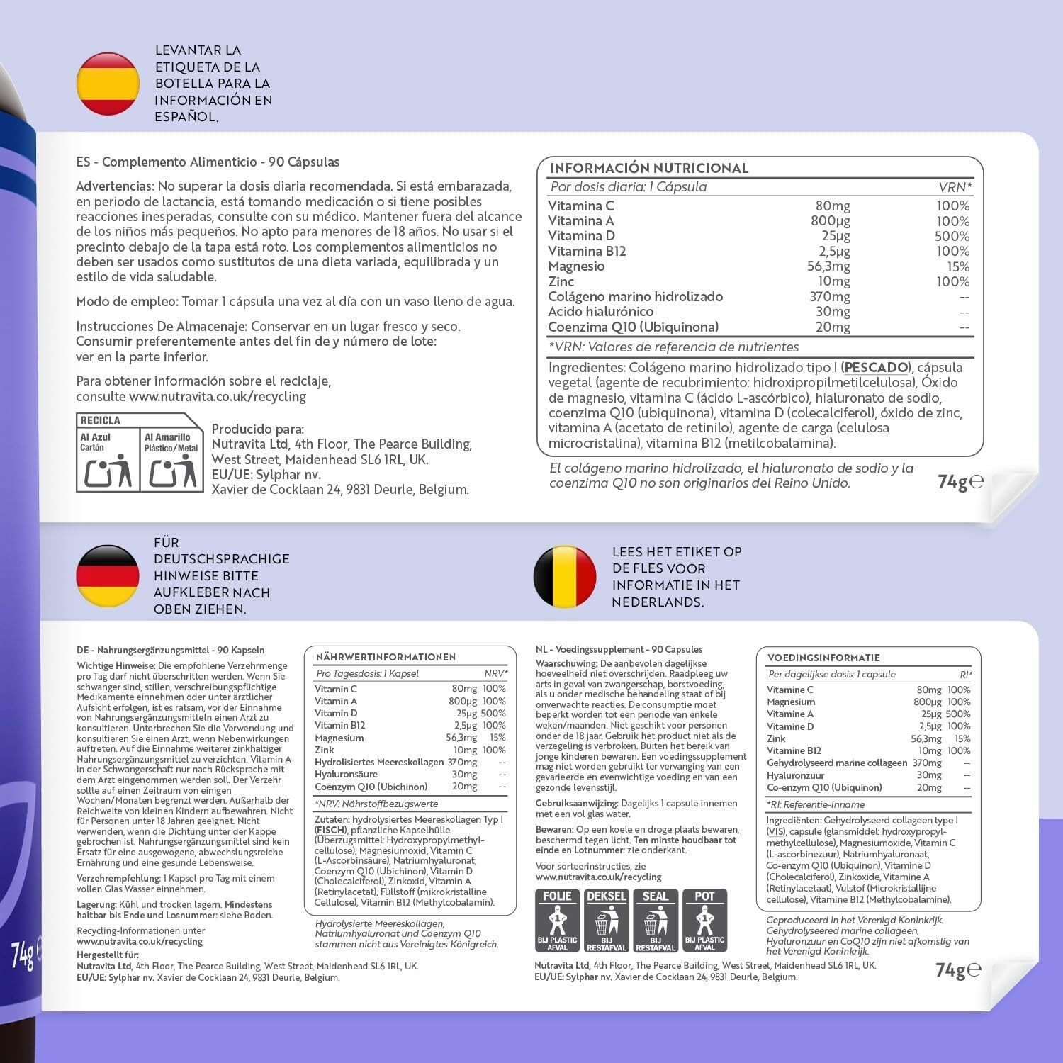 Kollagen Komplex 90 Kapseln – Mit Marinem Kollagen, Hyaluronsäure, Vitaminen & Mineralstoffen – 3 Monatsvorrat – Nutravita