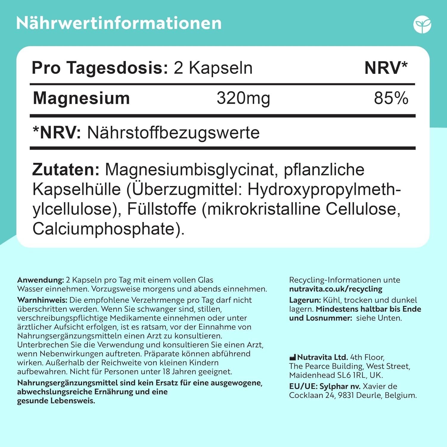 Magnesium Bisglycinat 60 Kapseln – 320 mg Elementares Magnesium – Hochdosiert – Vegan – Nutravita