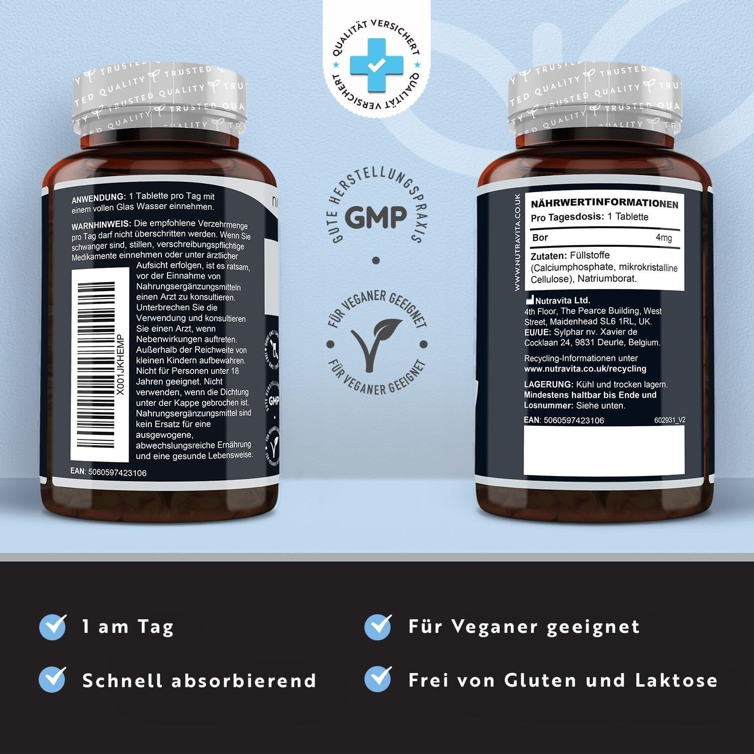 Boron 4 mg – Reines Bor je Tablette – 400 Tabletten – 13 Monate Vorrat – Laborgeprüft – Nutravita