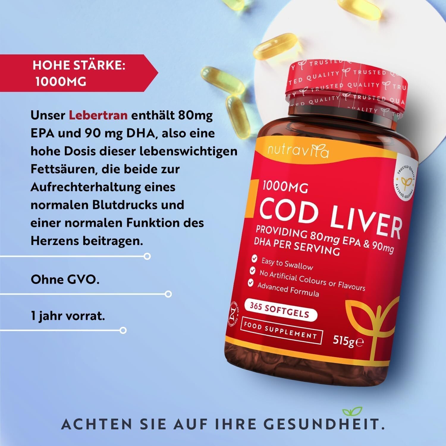 Lebertran 1000 mg 365 Kapseln – Hochwertiges Fischöl – Omega 3 mit EPA & DHA – 1 Jahresvorrat – Nutravita