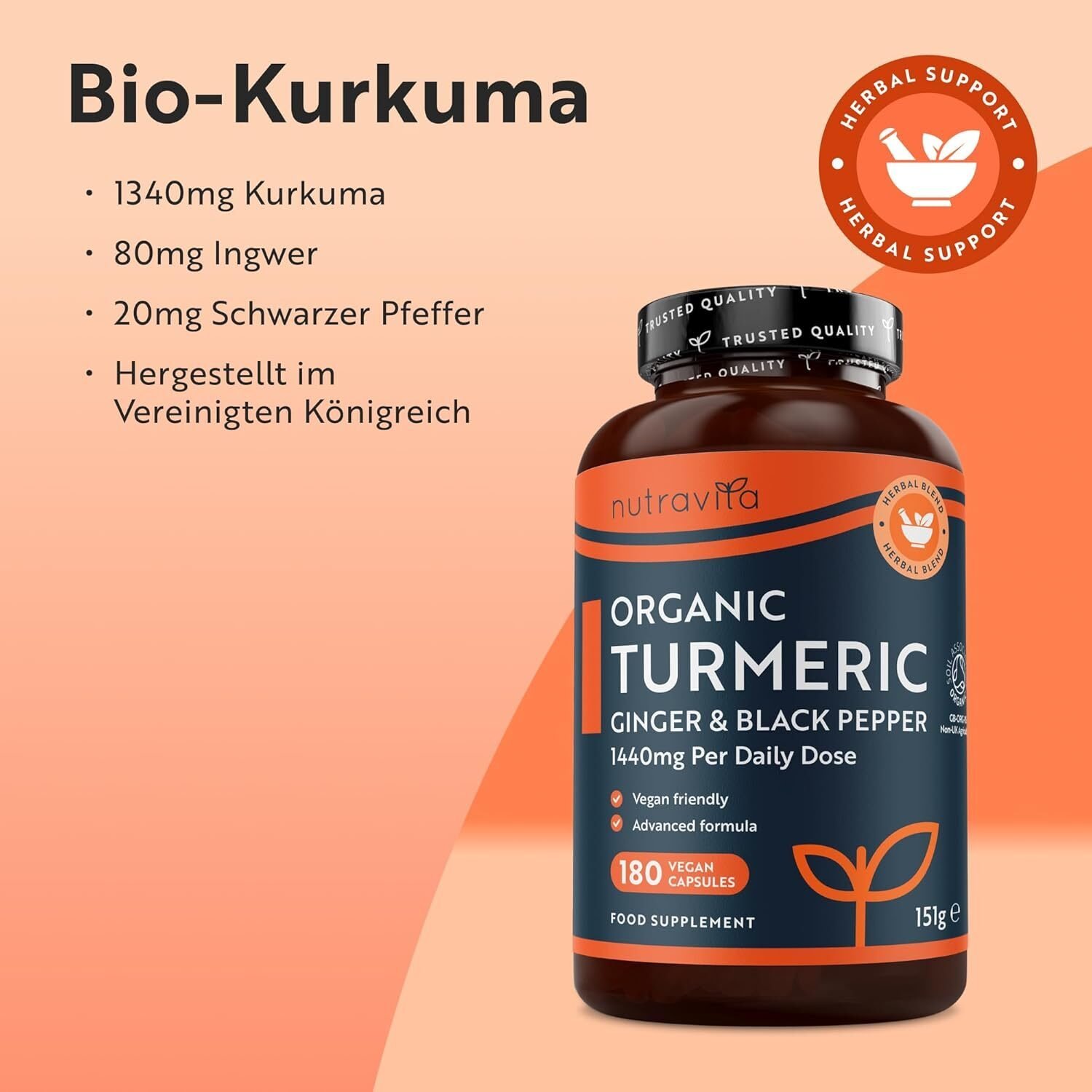 Bio Kurkuma Curcumin 1440 mg mit Schwarzem Pfeffer & Ingwer – 180 Vegane Kurkuma-Kapseln – Hochdosiert