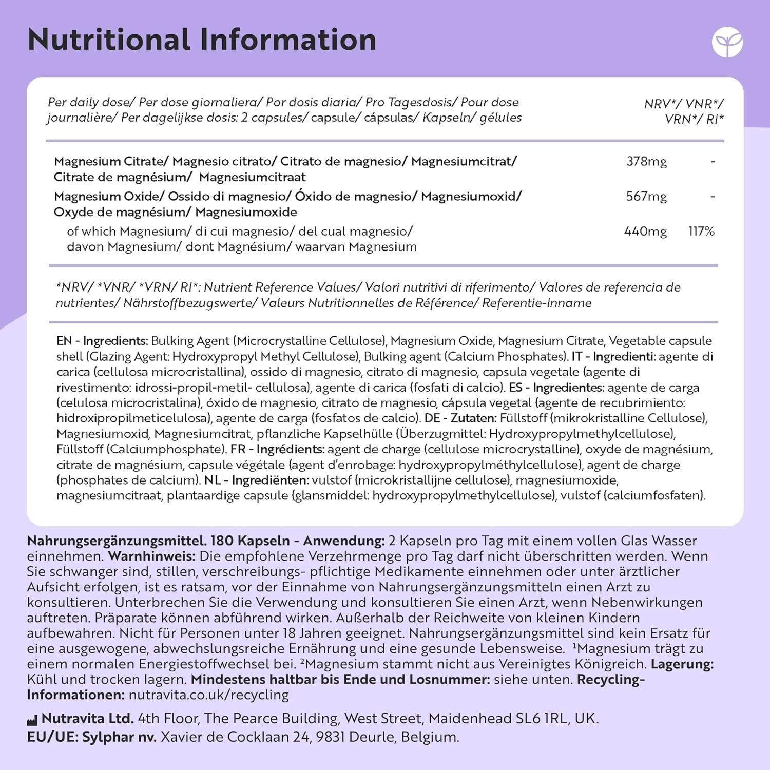 Magnesium Komplex 440 mg – Hoch bioverfügbares Magnesiumcitrat – 180 vegane Kapseln – Premium Qualität – Nutravita