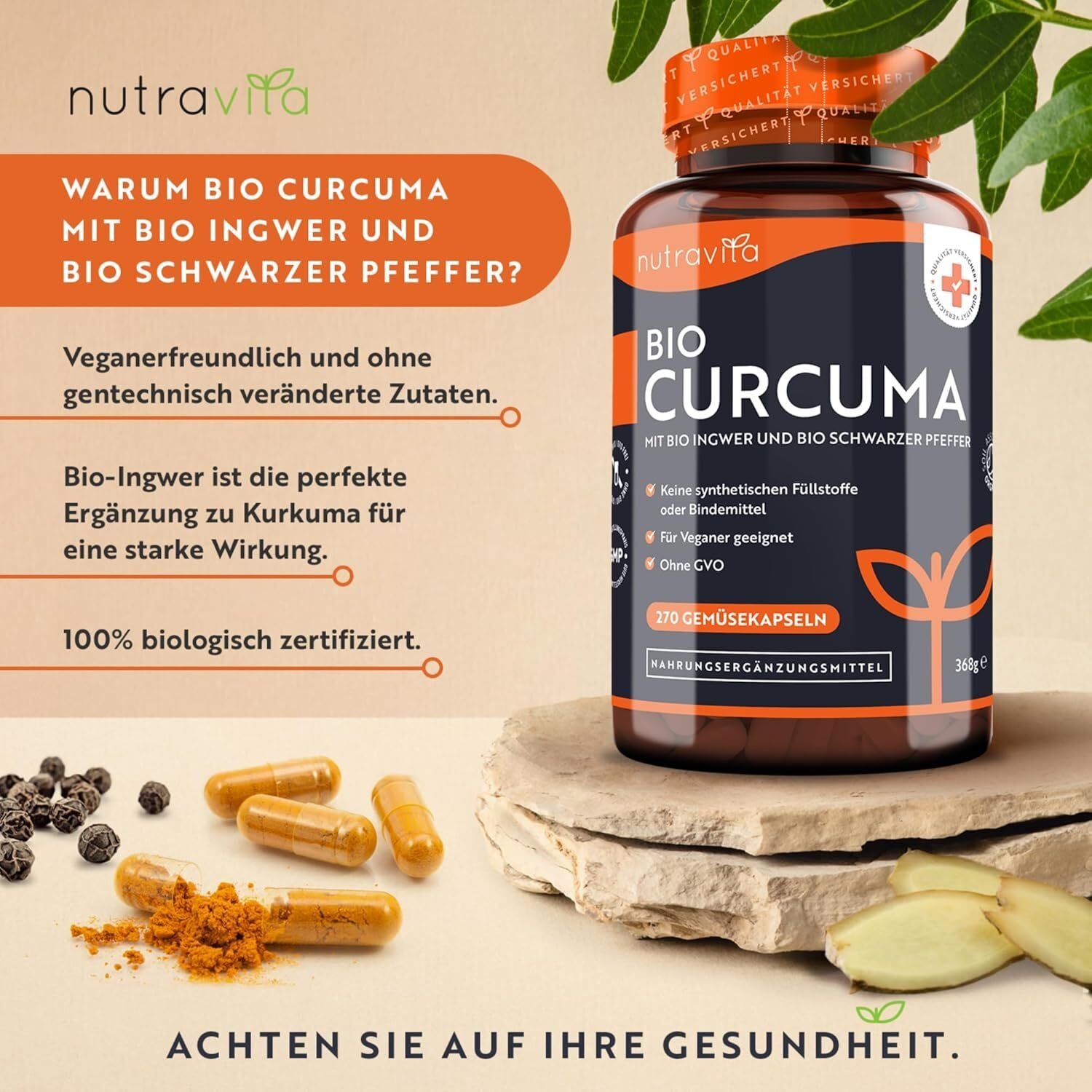 Bio Curcuma Kapseln 270 Stück mit Ingwer & Schwarzem Pfeffer – Hochdosiert mit Piperin – Veganes Nahrungsergänzungsmittel – Nutravita