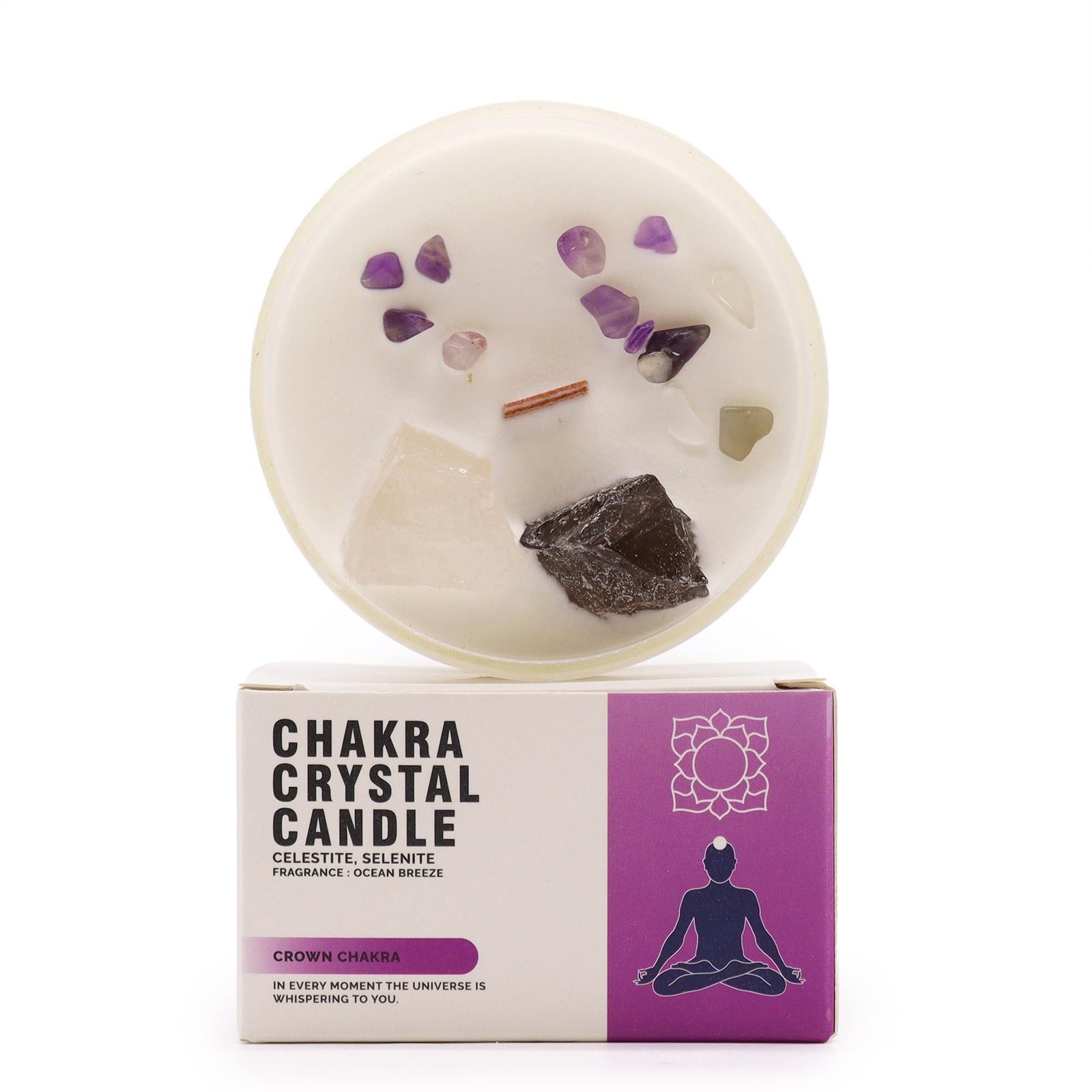 Chakra Kristallkerze Kronenchakra – Sojawachs Kerze mit Kristallen, 17h, 8.5×5 cm, 0.36 kg