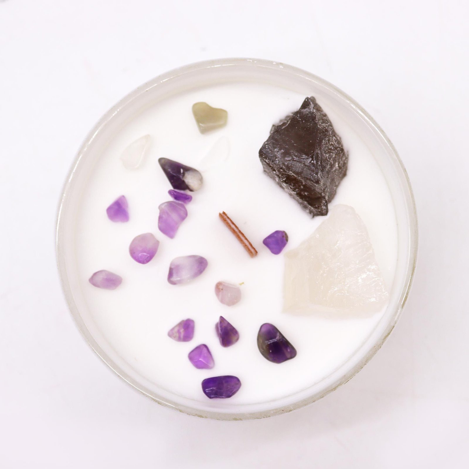 Chakra Kristallkerze Kronenchakra – Sojawachs Kerze mit Kristallen, 17h, 8.5×5 cm, 0.36 kg