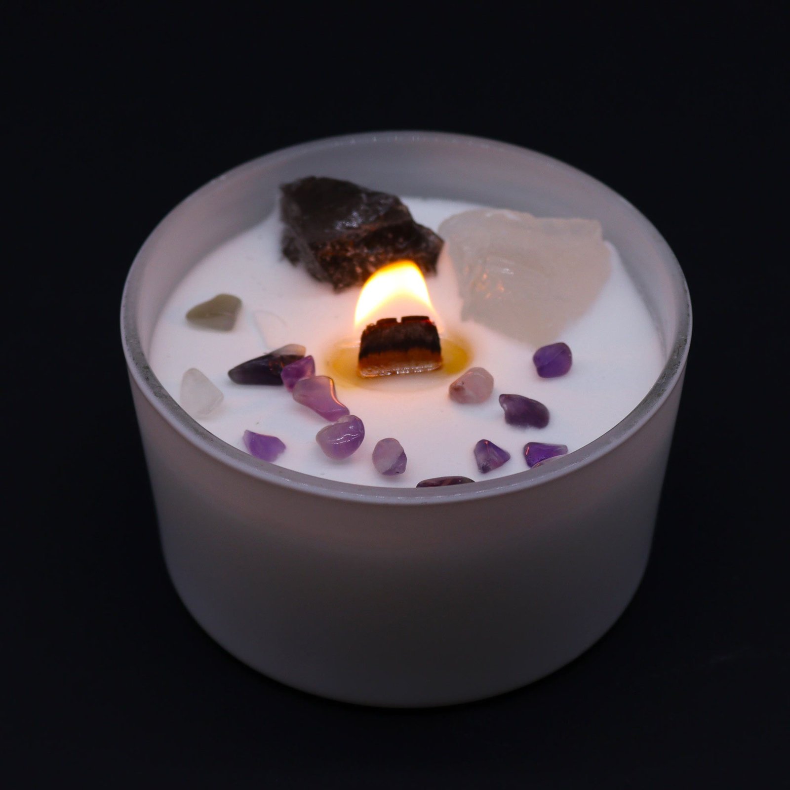 Chakra Kristallkerze Kronenchakra – Sojawachs Kerze mit Kristallen, 17h, 8.5×5 cm, 0.36 kg