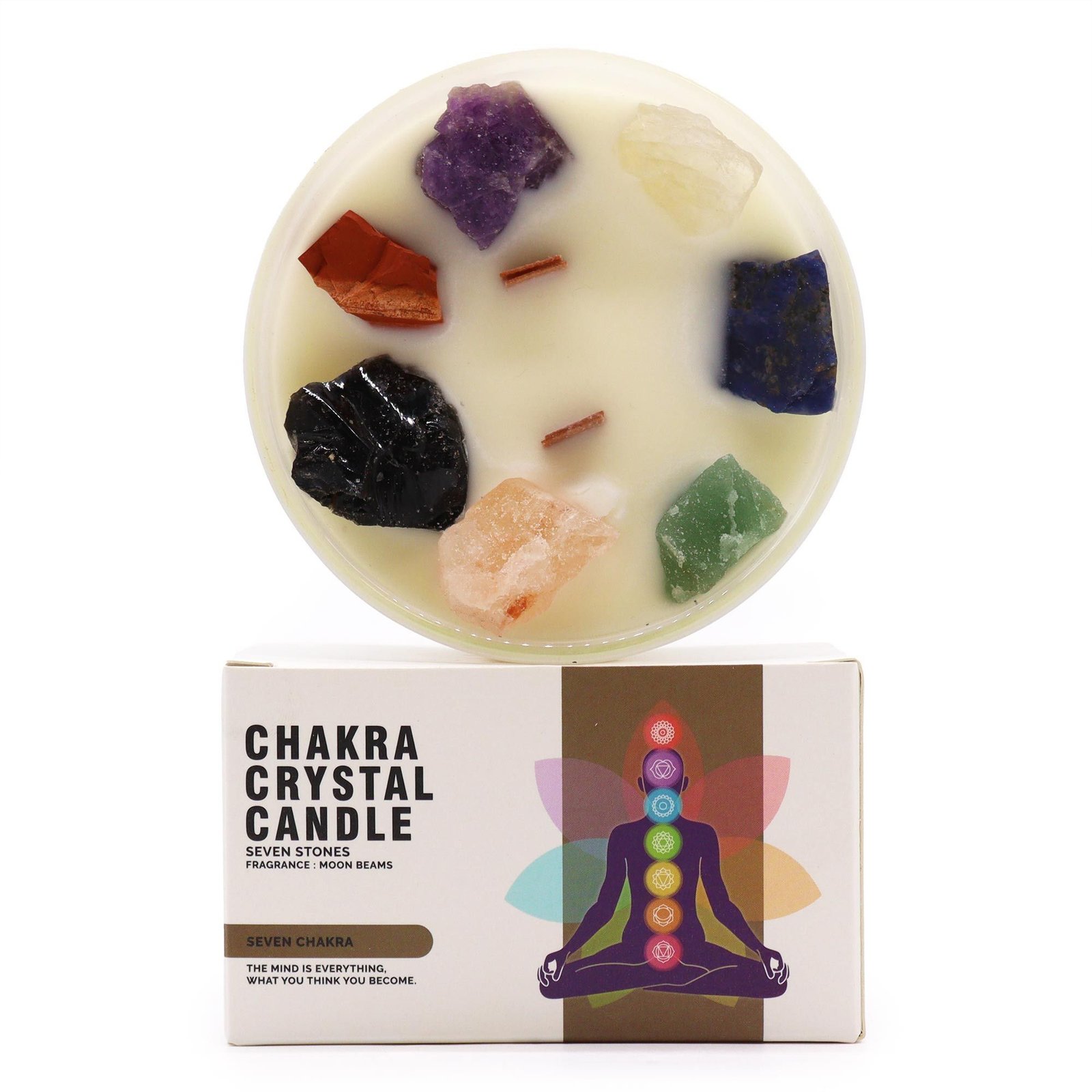Große Chakra Kristallkerze Sieben Chakren – Sojawachs Kerze mit Kristallen, 23h, Ø ca. 9 cm, 0.5 kg