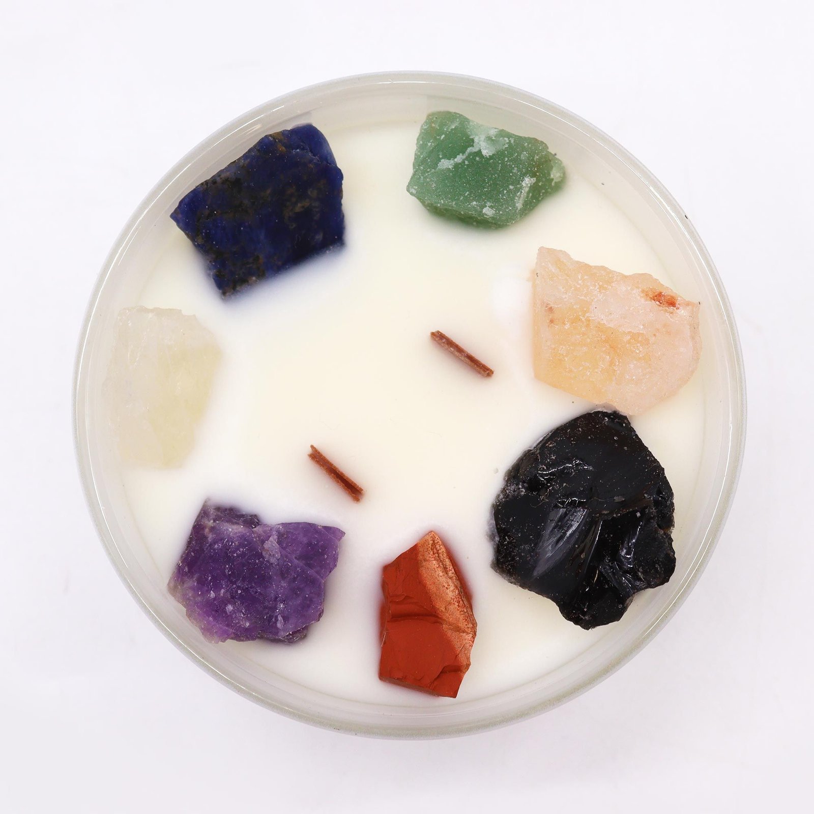 Große Chakra Kristallkerze Sieben Chakren – Sojawachs Kerze mit Kristallen, 23h, Ø ca. 9 cm, 0.5 kg