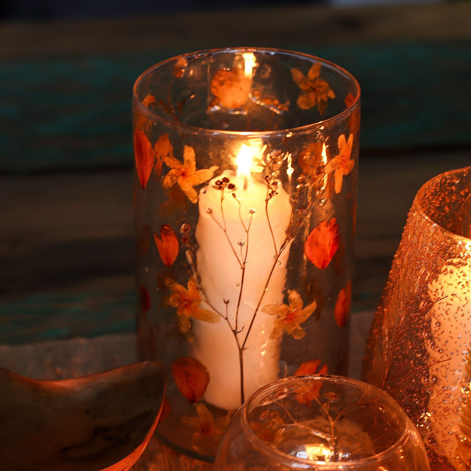 Glas Vase Kerzenhalter mit Blumen Rose – großer dekorativer Kerzenhalter aus recyceltem Glas 19x11 cm