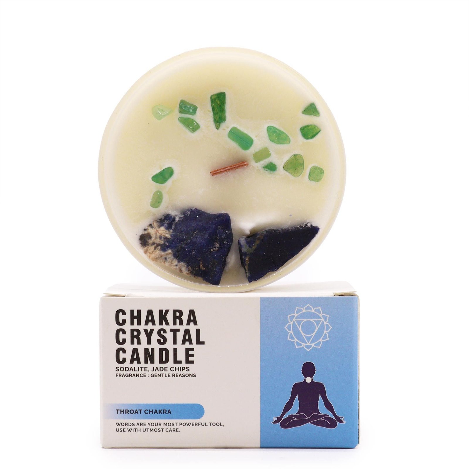 Chakra Kristallkerze Halschakra – Sojawachs Kerze mit Kristallen, 17h, 8.5×5 cm, 0.36 kg