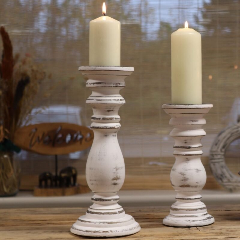 Kerzenständer Holz Weiß Vintage – Shabby Chic Kerzenhalter Groß Für Wohnzimmer, Tisch & Deko – 37 X 10 Cm