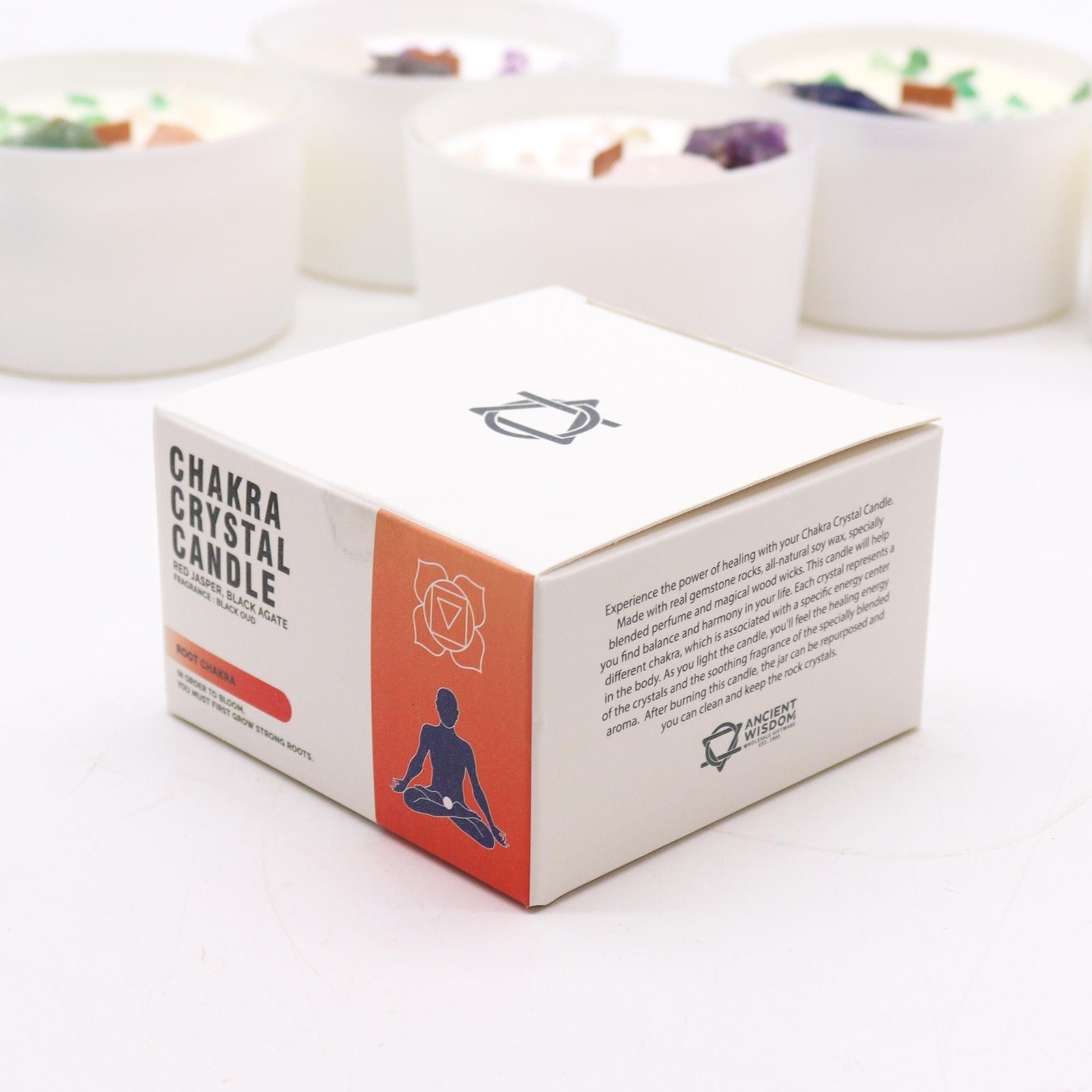 Chakra Kristallkerze Wurzelchakra – Sojawachs Kerze mit Kristallen, 17h, 8.5×5 cm, 0.36 kg