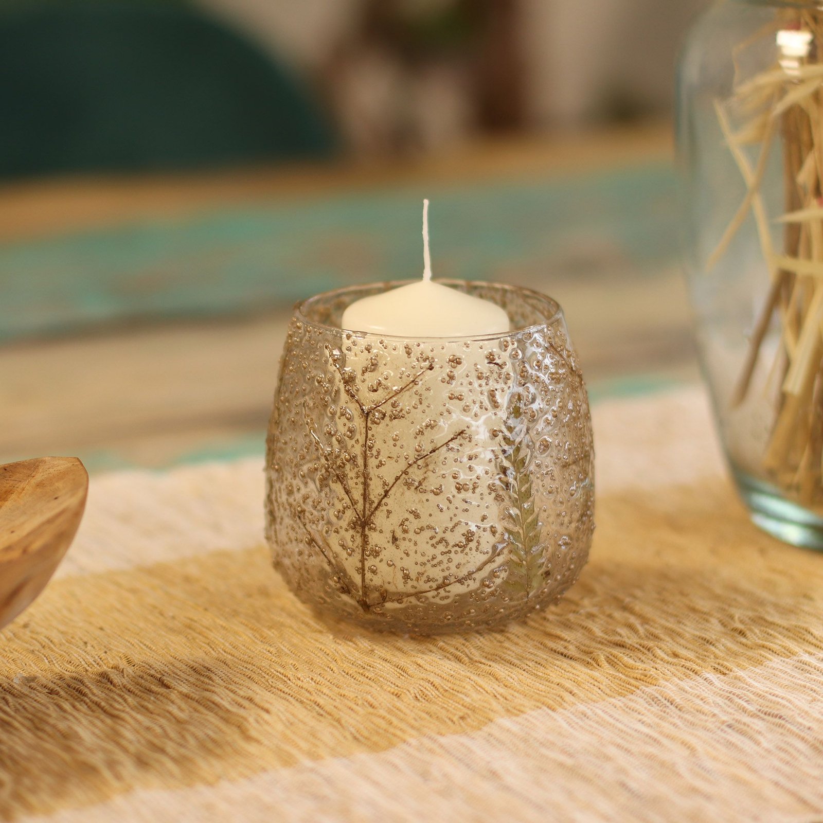 Glas Kerzenhalter Blätter – Teelichthalter aus recyceltem Glas 10 x 9 cm Natur Design