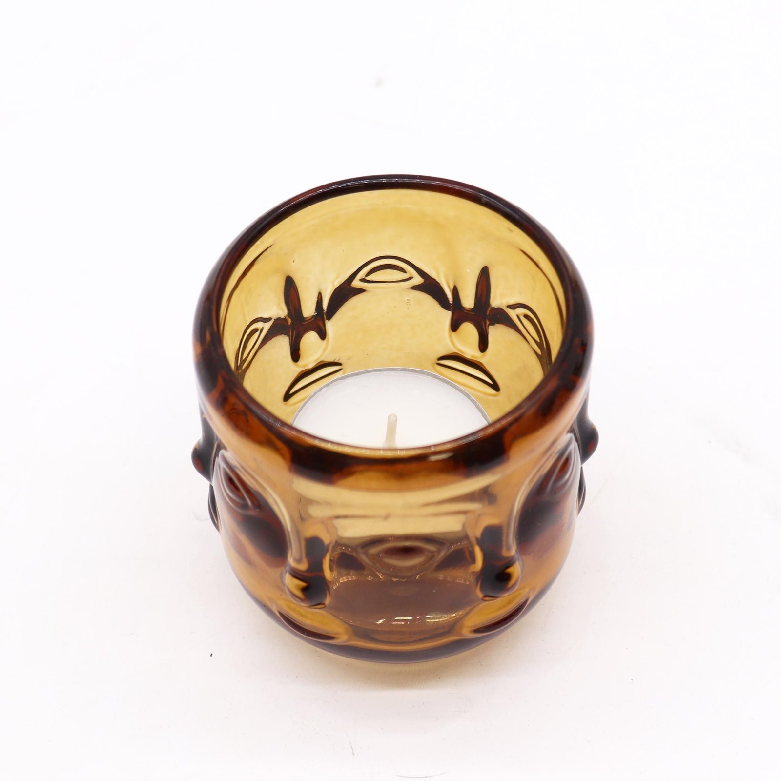 Teelichthalter Buddha Gesicht Glas Amber Set – 2er Set dekorative Kerzenhalter im Vintage Stil