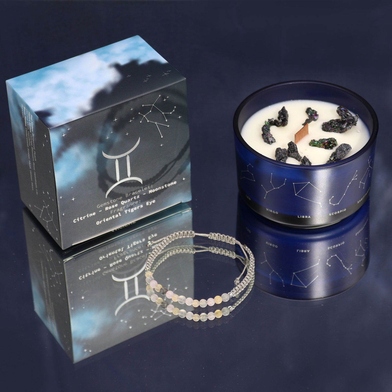 Sternzeichen Zwillinge Kerze mit Edelstein Armband – Sojawachs Duftkerze Geschenkset Zwillinge