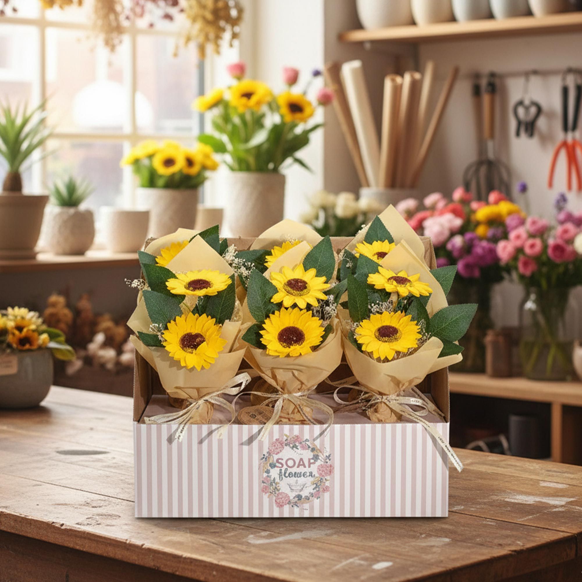 Seifenblumen Sonnenblumenstrauß Geschenk Badezusatz Dekoration
