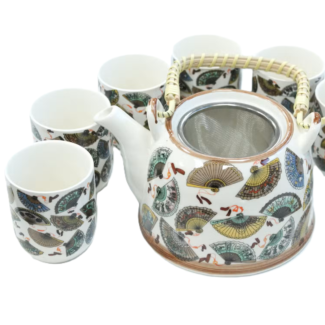 Keramik Teeservice Chinesische Fächer mit Teekanne & 6 Tassen