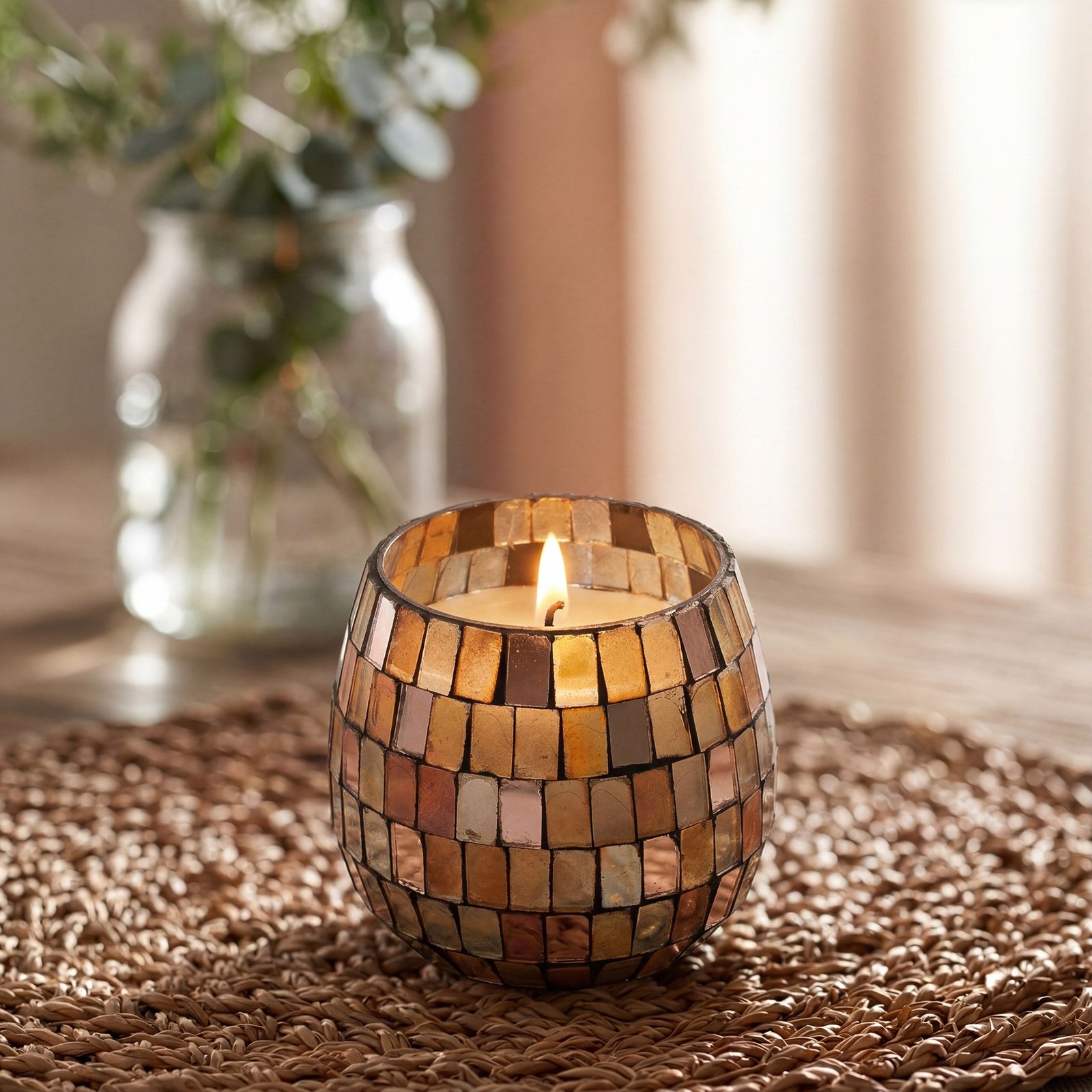 Kleine Glaskerze Amber Mosaik 35 Stunden Brenndauer Dekokerze im Glas