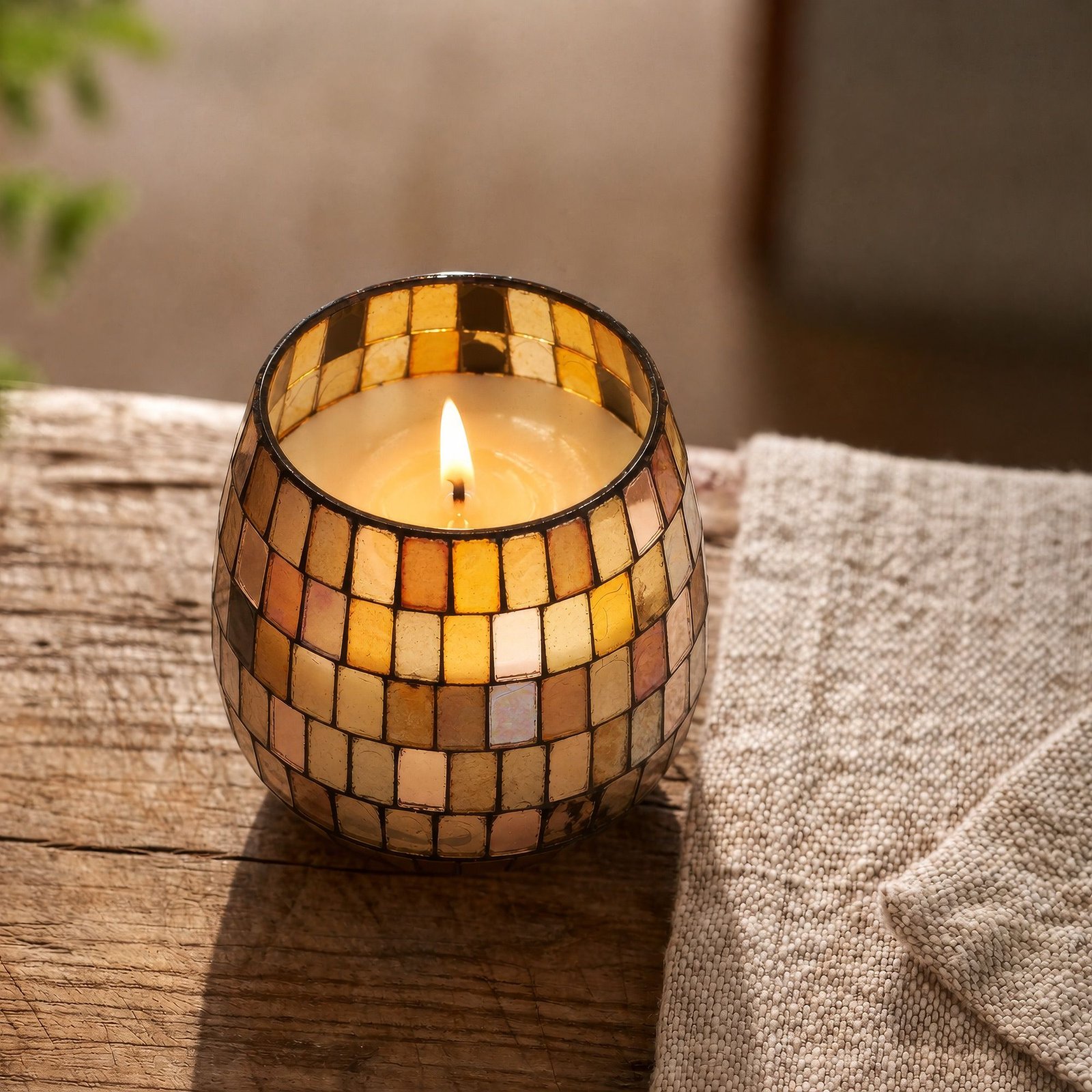 Kleine Glaskerze Amber Mosaik 35 Stunden Brenndauer Dekokerze im Glas