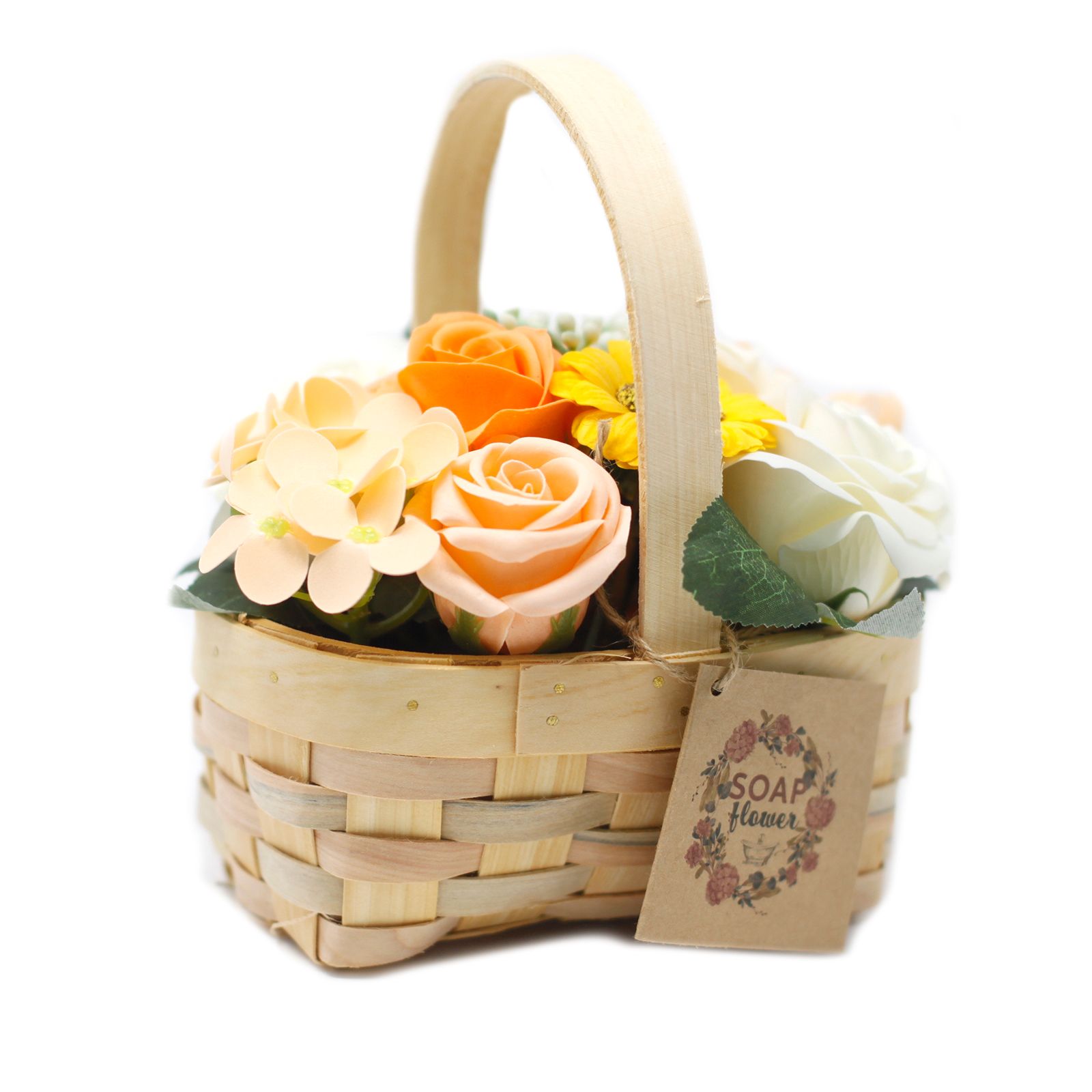 Seifenblumen Rosenstrauß Orange im Weidenkorb