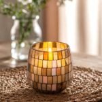 Mittlere Glaskerze Amber Mosaik 45 Stunden Brenndauer Dekokerze im Glas