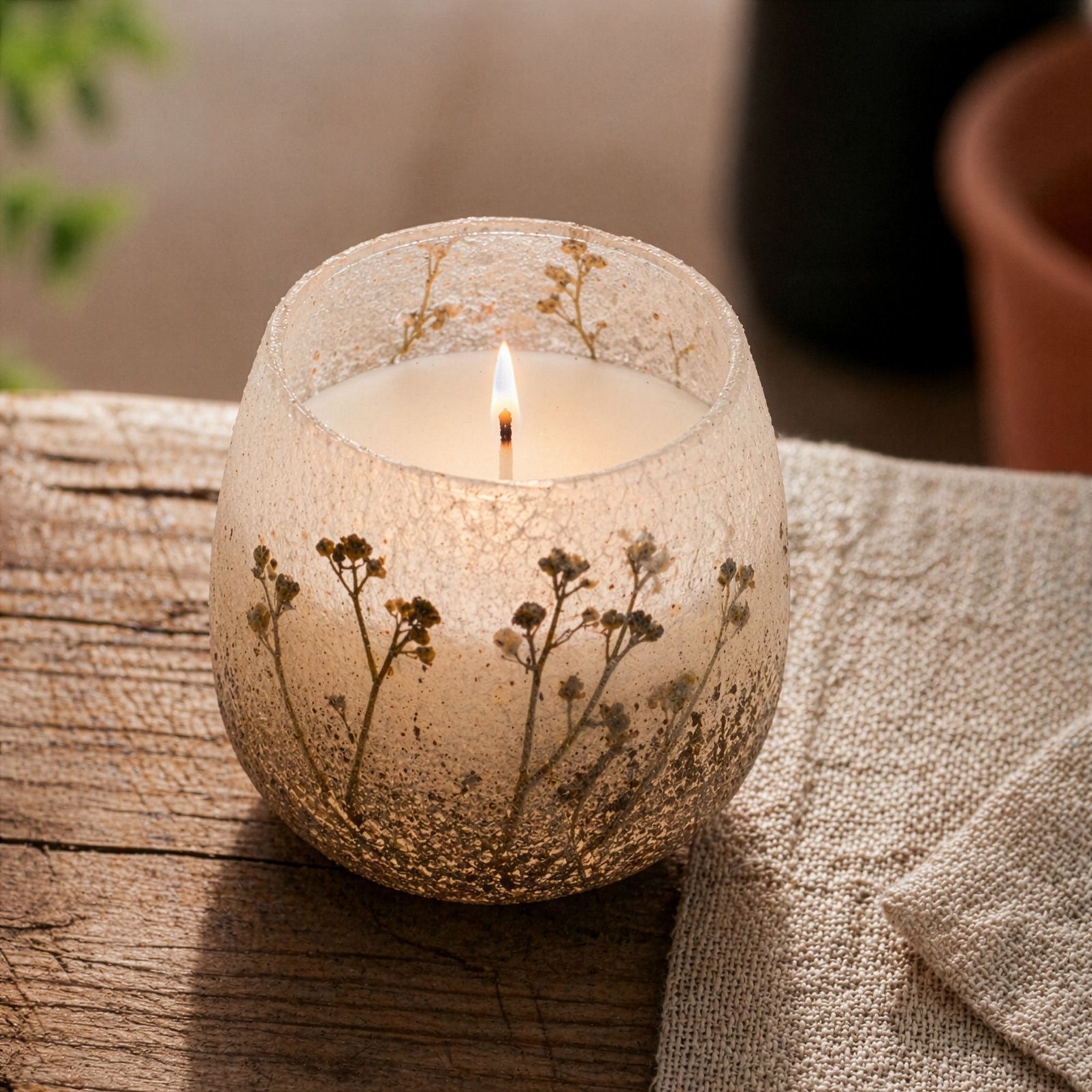 Mittlere Glaskerze Wildlight Woods mit Trockenblumen 45 Stunden Brenndauer