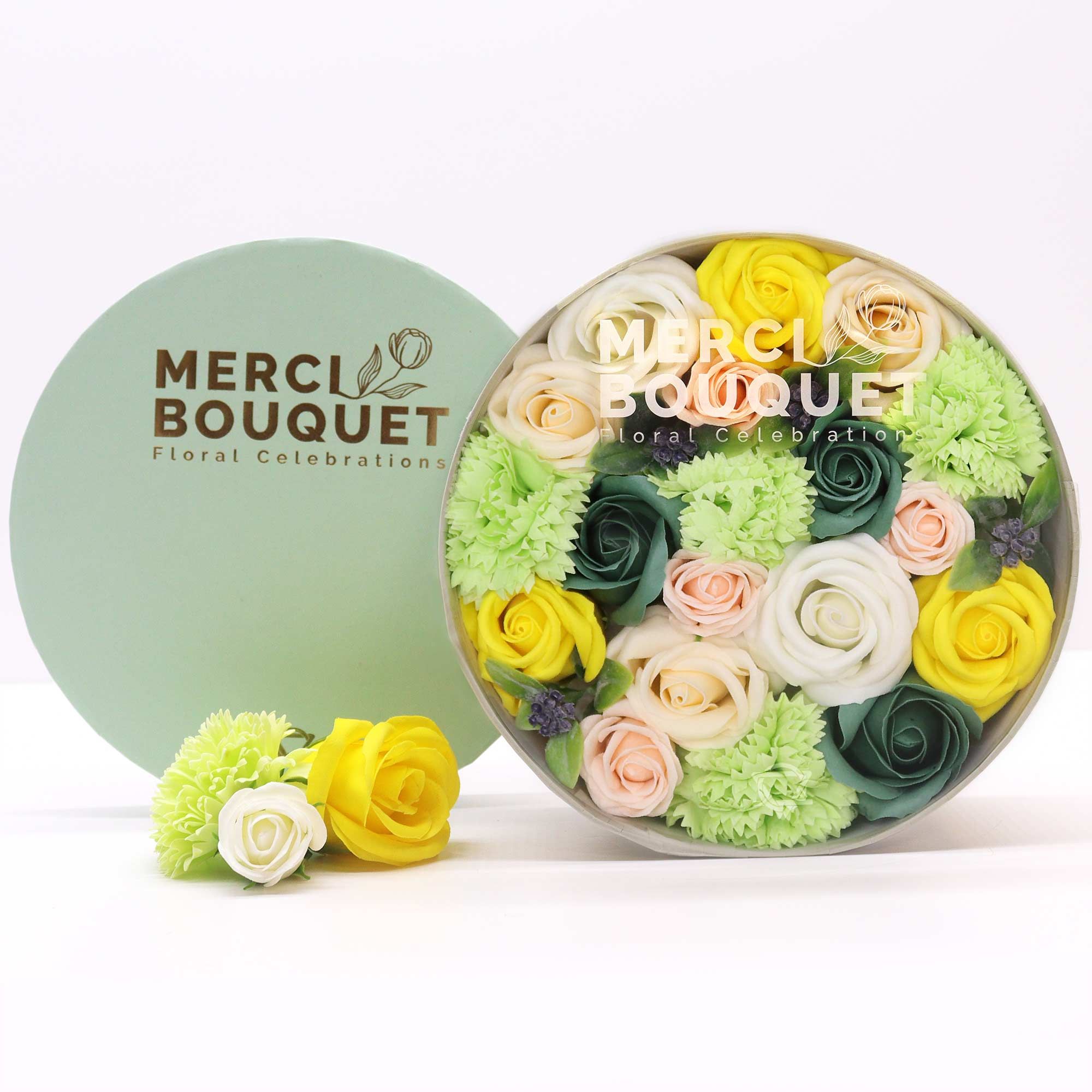 Seifenblumen Geschenkbox Frühling Rund Gelb & Grün – Duftseifen Geschenk