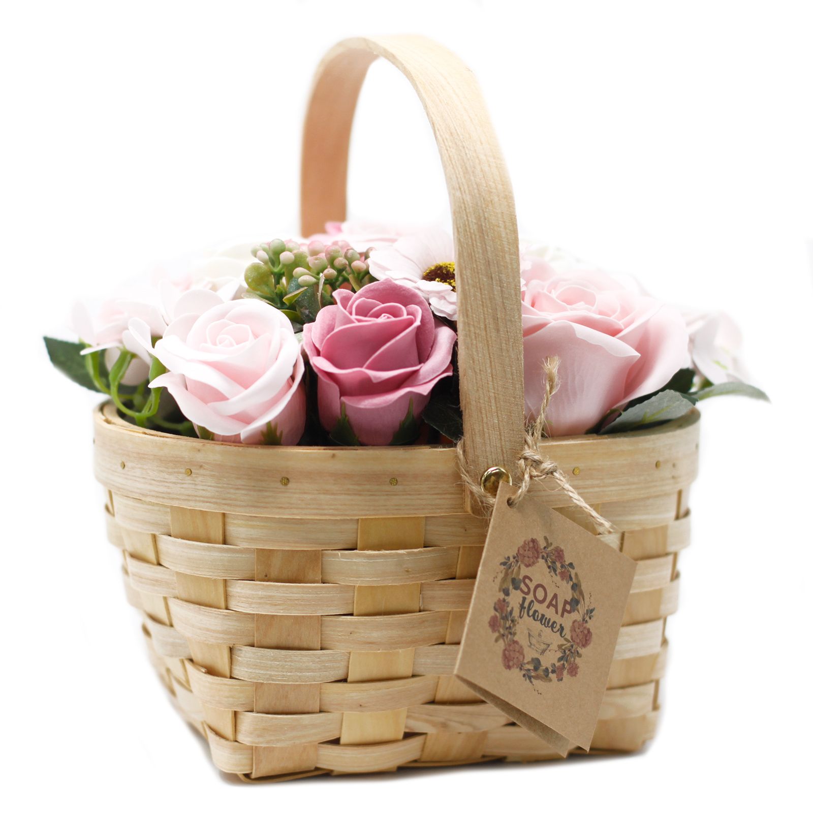 Seifenblumen Rosenstrauß Rosa im Weidenkor