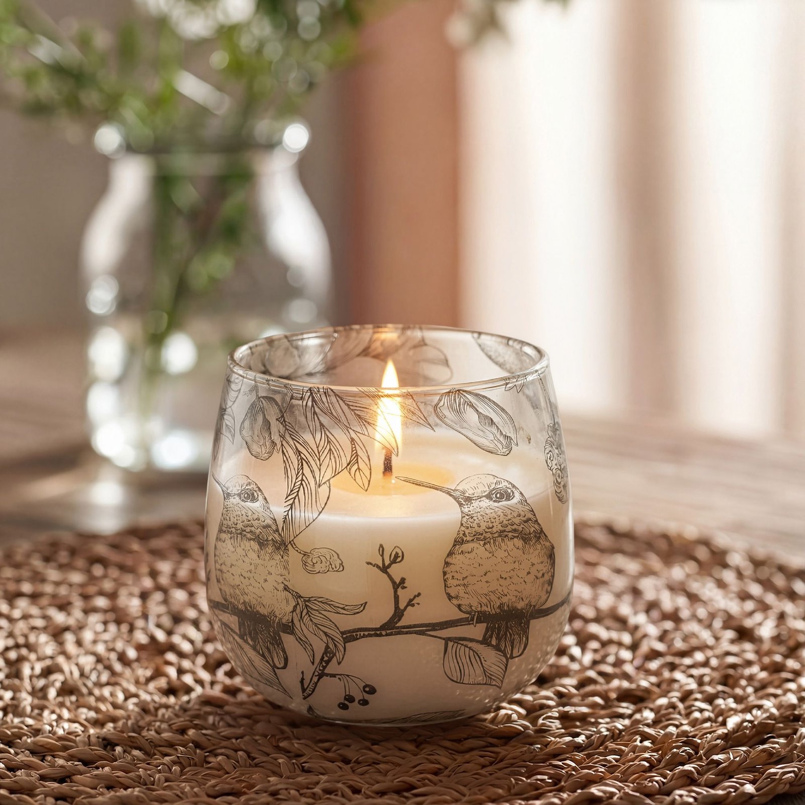 Mittlere Glaskerze Drawn by Flame mit Blumenmotiv 45 Stunden Brenndauer