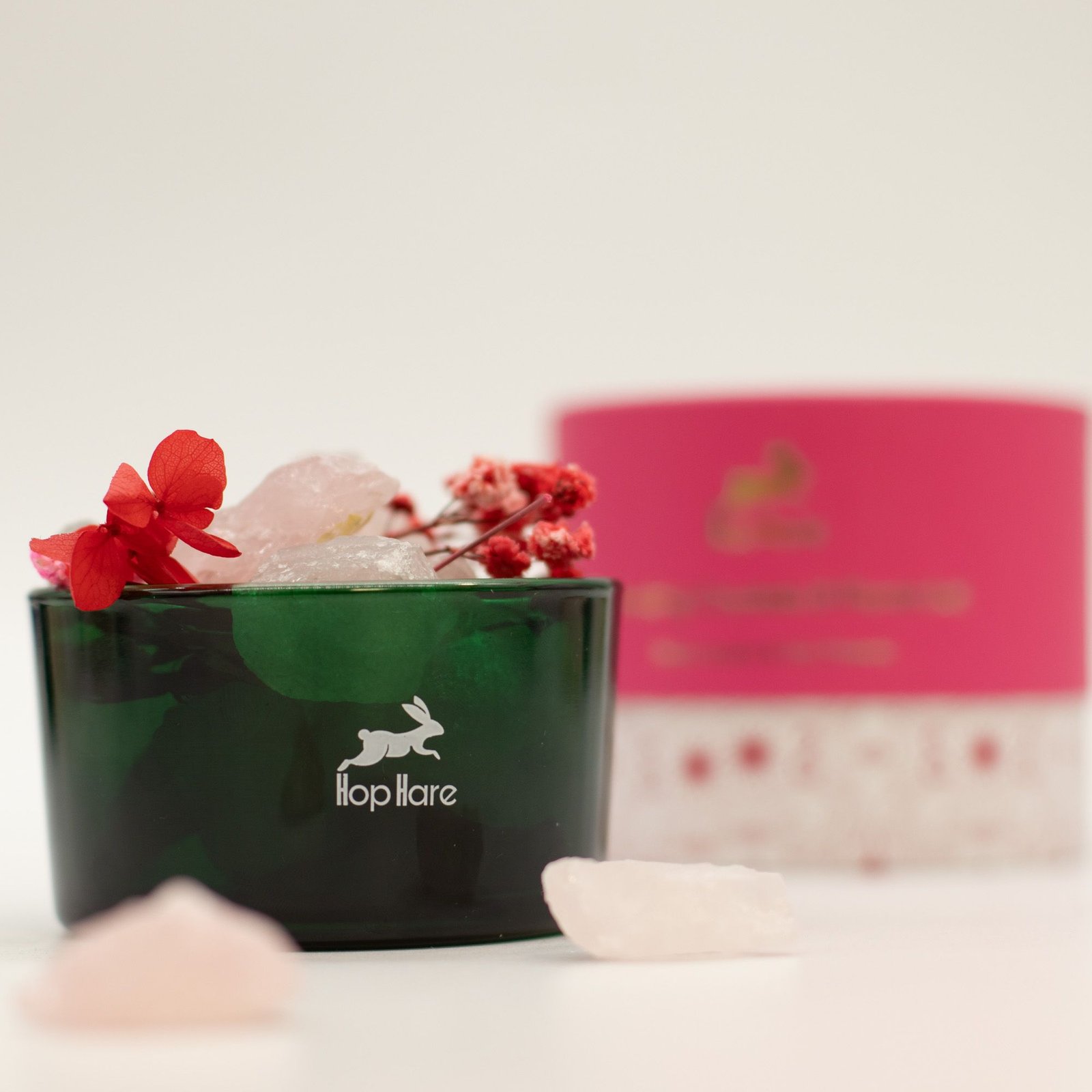 Rosenquarz Duftkristalle Set The Lovers – Edelsteine & Trockenblumen im Glas