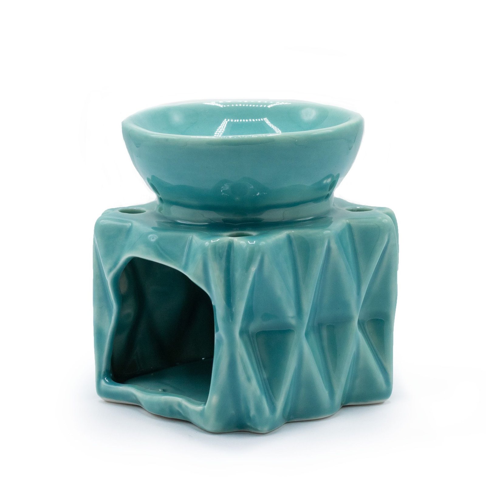 Duftlampe Keramik Blau mit geometrischem Muster – Moderne Aromalampe für Duftöl und Duftwachs