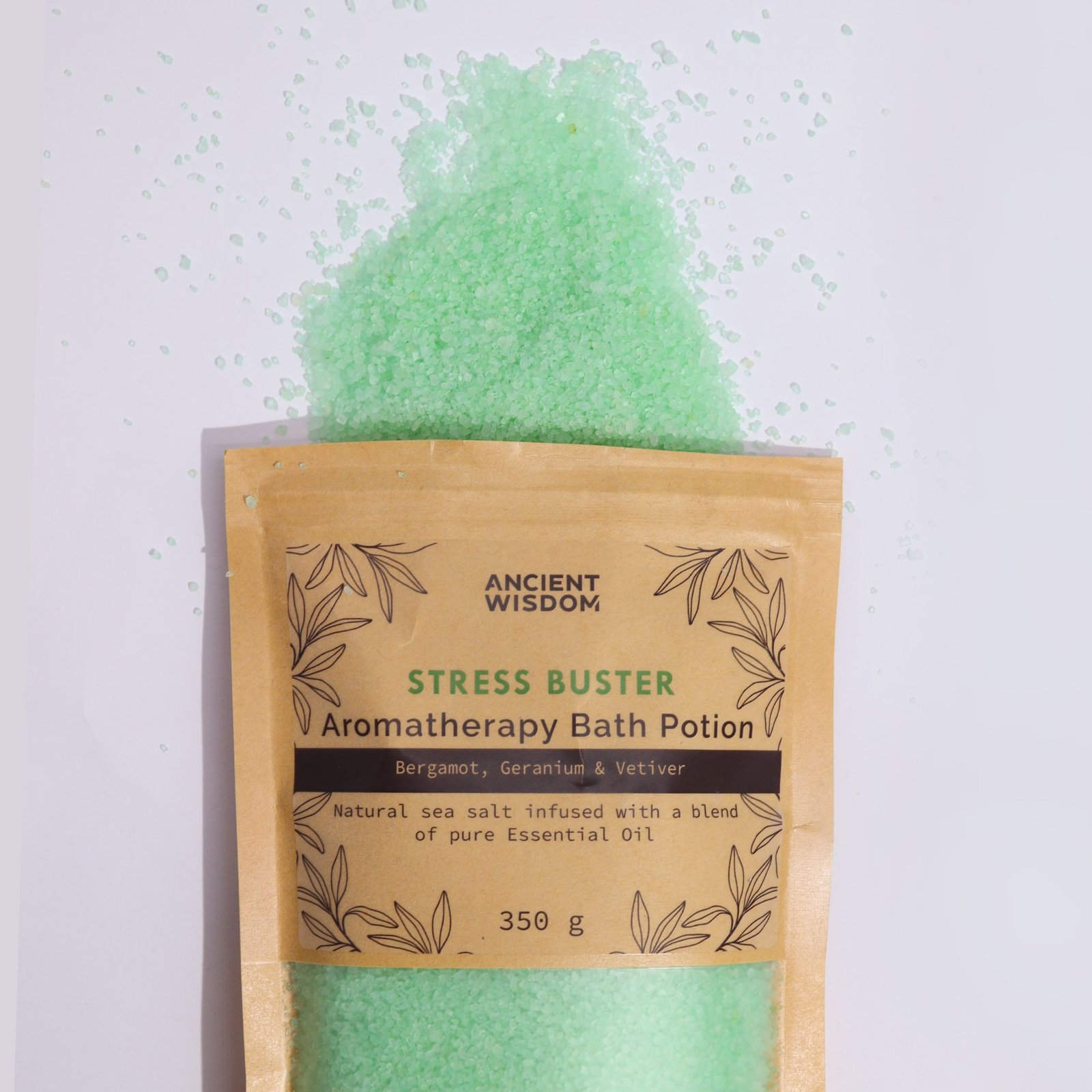 Aromatherapie Badesalz Stress Buster 350 g – Meersalz mit Bergamotte, Geranie und Vetiver