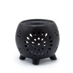 Duftlampe Keramik Schwarz mit Blumenmuster – Matte Aromalampe für Duftöl und Duftwachs – Honigbee Duftlampe Keramik Schwarz mit Blumenmuster
