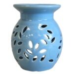 Duftlampe Keramik Blau mit Blumenmuster – Florale Aromalampe für Duftöl und Duftwachs