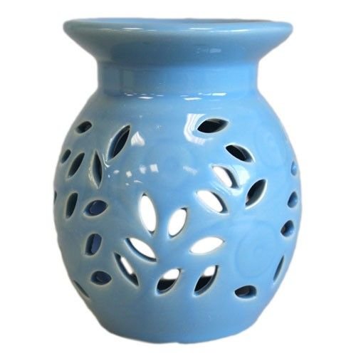 Duftlampe Keramik Blau mit Blumenmuster – Florale Aromalampe für Duftöl und Duftwachs