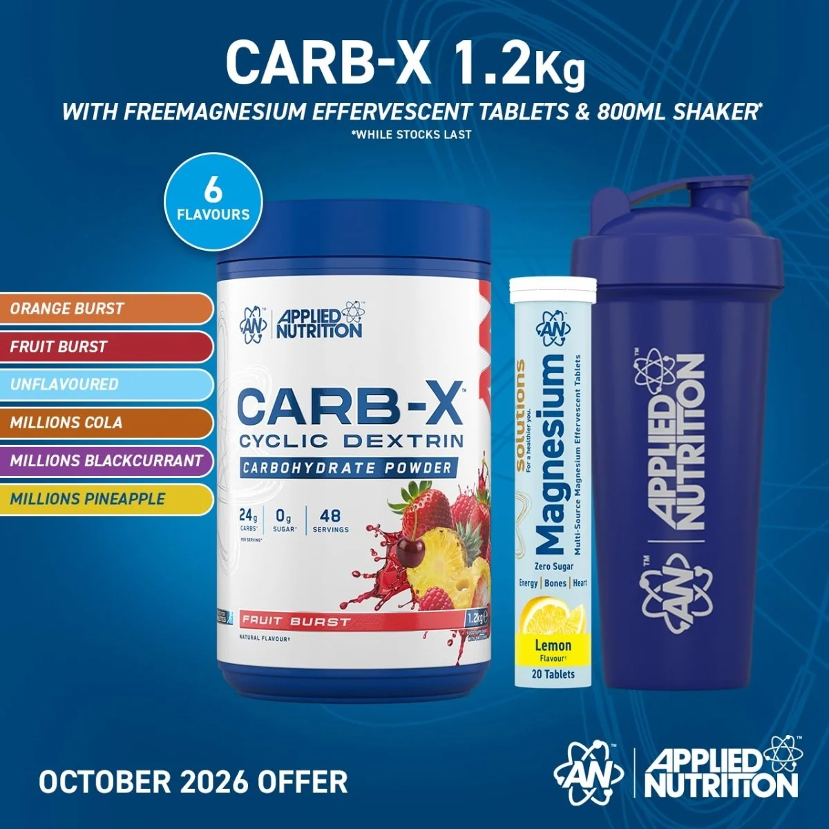 Carb-X_1.2kg_Magnesium_Tabs_800ml_shaker Kohlenhydrat Pulver Fruchtmix 1200 g – Applied Nutrition Carb X
